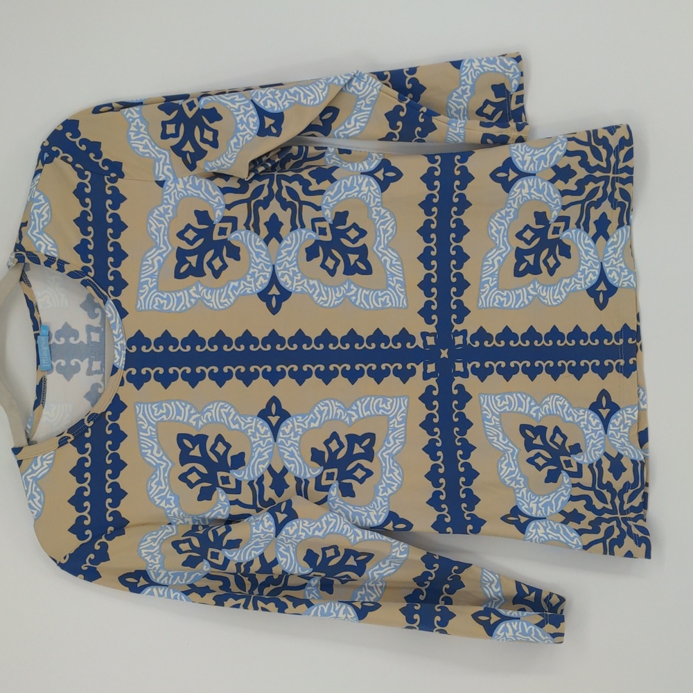 J. McLaughlin Catalina Cloth Top Paisley Blue Tan Stretch Long Sleeve Size Small